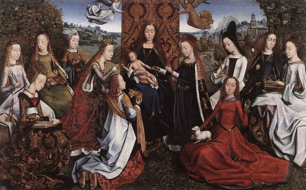 St Ursula's black and gold Burgundian gown (bottom left). Master of Lucy Legend. Virgin and Saints.
