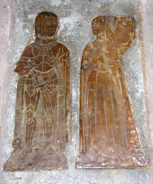 Memorial brass for William Yelverton and his wife, who wears a butterfly henin. St Mary's Church, Rougham, Norfolk, 1472.