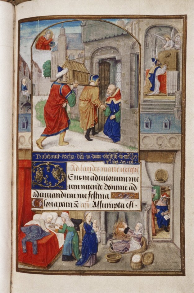 Birth scene in a Book of Hours, Oxford, Bodleian Library MS Douce 112.